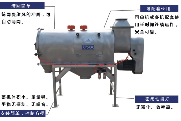 氣旋篩工作原理：篩網(wǎng)受旋風(fēng)的沖刷，可自動(dòng)清網(wǎng)，單機(jī)或多機(jī)配套使用長(zhǎng)時(shí)間連續(xù)運(yùn)作，安全可靠。