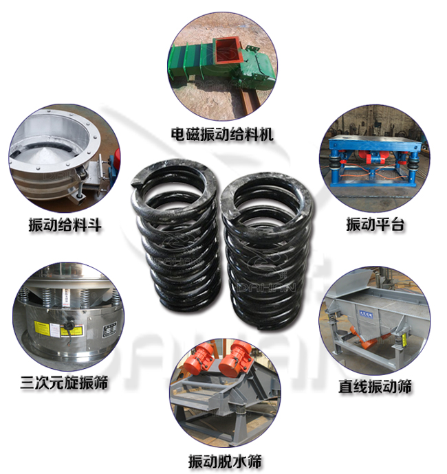 旋振篩減震彈簧適用產(chǎn)品：振動給料機(jī)，電磁振動給料機(jī)，振動平臺，直線振動篩，振動脫水篩，三次元旋振篩。