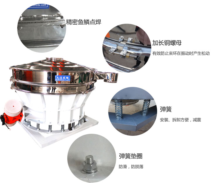 1500直排篩細節展示：彈簧，彈簧墊圈，加長銅螺母。