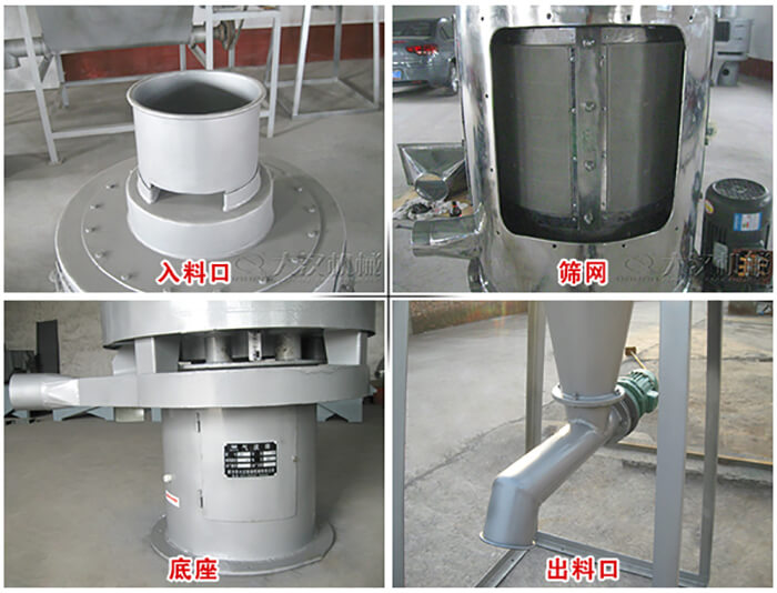 氣流篩部件展示：入料口，篩網，底座，出料口等。