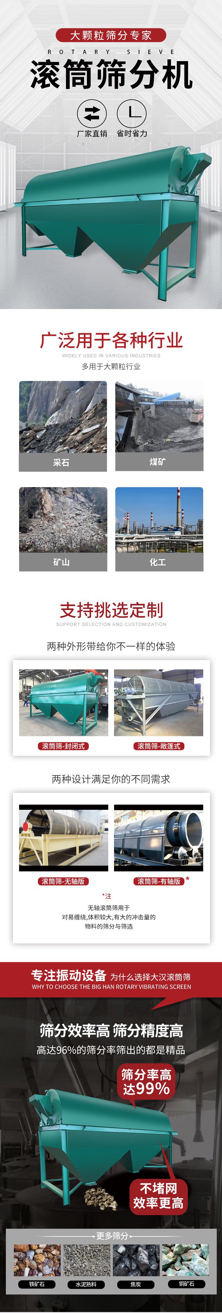 滾筒篩分機大顆粒篩分專家：廠家直銷，省時省力。滾筒篩被廣泛應用各種行業：多用于大顆粒行業例如：采石，煤礦，礦山，化工等。滾筒篩定制類型有哪些：封閉式與敞篷式產品結構分為：無軸式，有軸式兩種，無軸滾筒篩用于對纏繞，體積較大，有大的沖擊量的物料的篩分與篩選。滾筒篩篩分效率高篩分精度能夠達到：96%也比較適用于鐵礦石，水泥熟料，焦炭，銅礦石。滾筒篩特點：不飛粉末：密封隔離罩，密封性好，工作過程不會出現飛粉現象。外型尺寸是按筒體長計